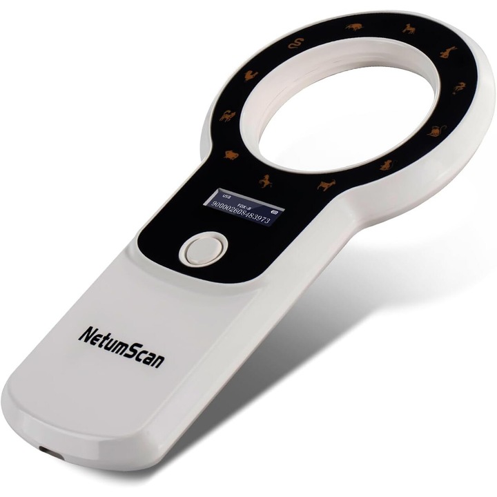 Cititor cipuri animale portabil, cu display OLED, reincarcabil, suporta tehnologie ISO 11784/11785 si ID64 RFID, stocare date, pentru caini, pisici si crotalii ureche