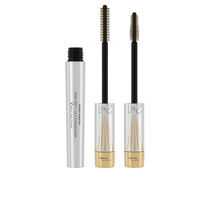 Mascara cu efect volumizator si de alungire 2 in 1, Max Factor Masterpiece 2 In 1 Lash Wow, 02 Black Brown, 7 ml