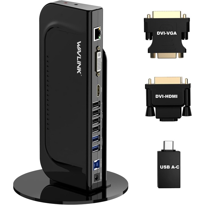 Докинг станция 13 в 1, с функция за разширяване на дисплея, HDMI порт, DVI, Ethernet, 2 x USB 3.0, 4 x USB 2.0, 1 x DVI към HDMI адаптер, 1 x DVI към VGA адаптер, 1 x USB A към USB адаптер -C, за Windows/MAC лаптоп