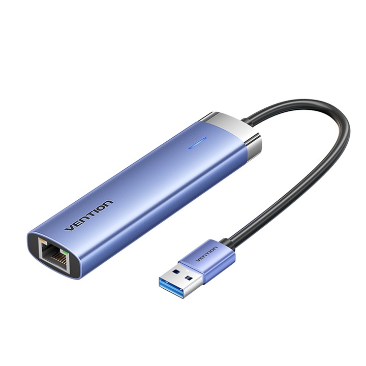 Adaptor Hub 5 in 1, VENTION, USB 3.0 la USB 3.0 x 3/RJ45/USB-C, 5Gbps, 10/100/1000Mbps, 0.15m, Albastru
