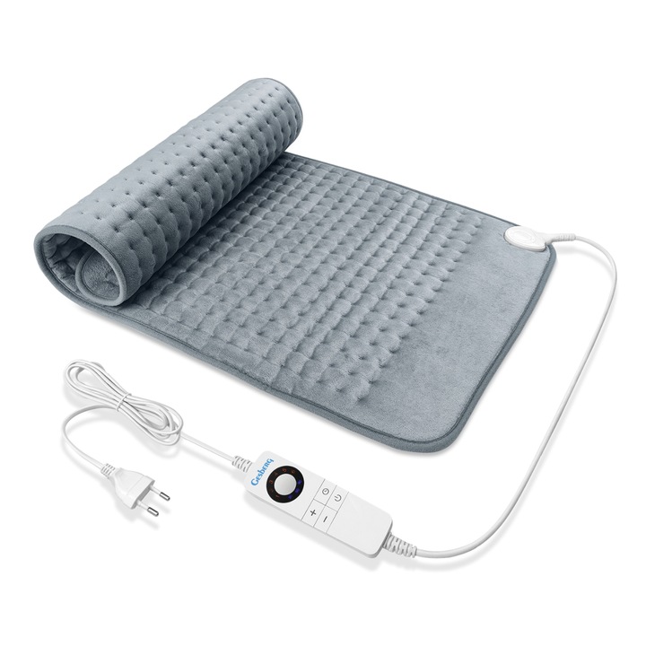 Perna electrica Gesberg®, Incalzitor pentru umeri/brate/maini/picioare/coapse/gambe/glezne/abdomen, 45x85cm, 100W, plus moale, gri, 6 trepte de incalzire, oprire automata dupa 30/60/90min., protectie la supraincalzire. Spalat la masina