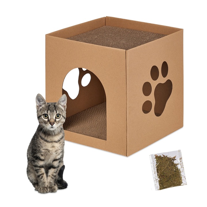 Casuta din carton pentru pisici cu placi de zgariat si terasa, Ayawaska, personalizabila, pentru interior, maro, 30 x 30 x 30 cm
