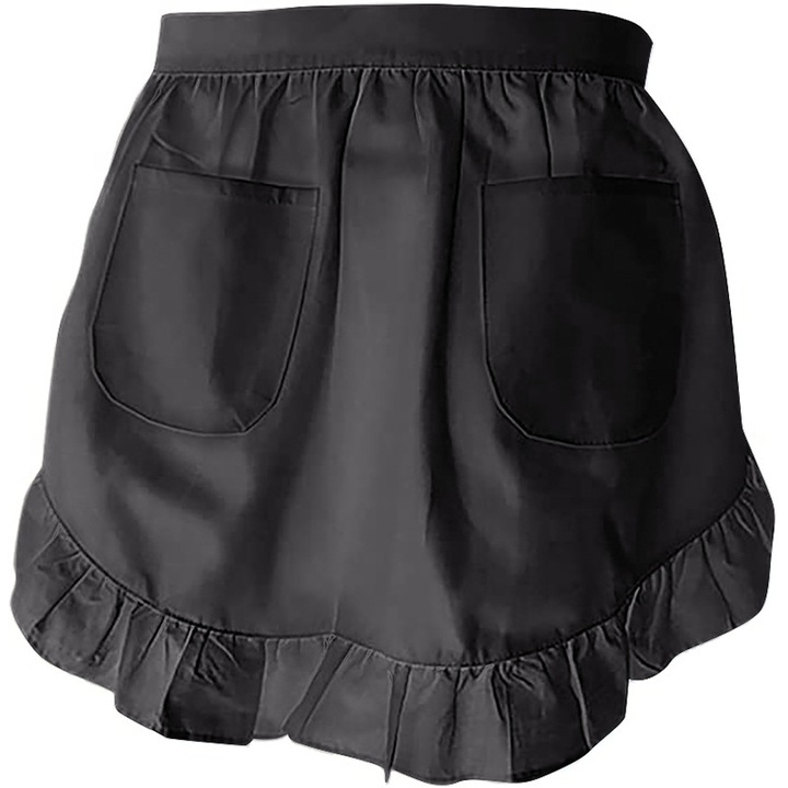 Sort de bucatarie cu dantela, negru, cu buzunare, ajustabil, dimensiuni mari