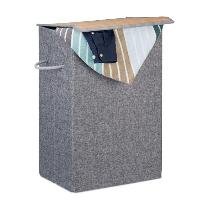 Cos de rufe cu capac velcro, Relaxdays, dimensiuni H x L x A: cca 60 x 40 x 30 cm, capacitate 60L, Poliester, material netesut si bambus