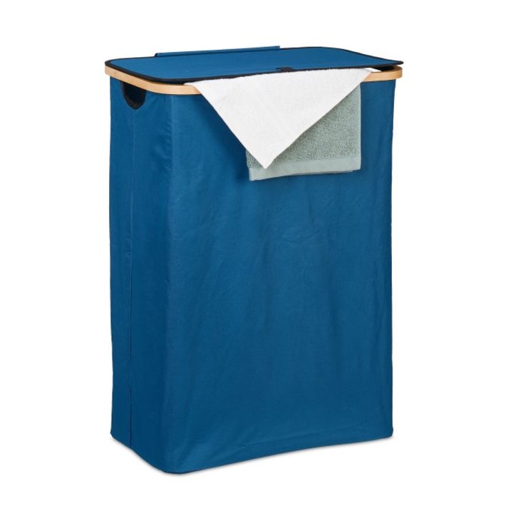 Cos de rufe cu capac Relaxdays, 105 litri, Dimensiuni totale H x L x A: cca 75 x 54 x 34 cm, poliester/bambus, albastru inchis/maro deschis