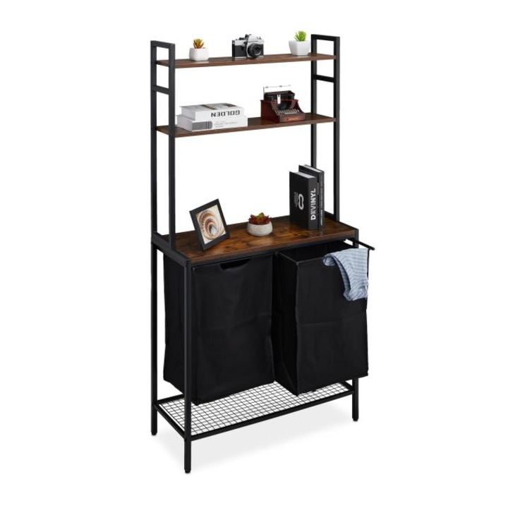 Cos de rufe tip raft cu 3 plite, Relaxdays, Dimensiuni H x L x A: aprox. 162 x 80 x 34, 50l per sac, MDF/fier, negru/maro inchis