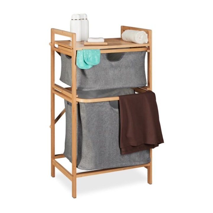 Relaxdays кош за пране с 2 отделения, бамбук/полиестер, размери 85 x 44 x 33 см