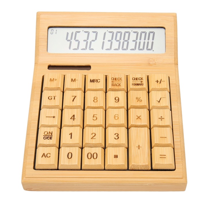 Дървен соларен калкулатор, Peysaitr, 12 бита, 29 клавиша, LCD екран, ергономични размери