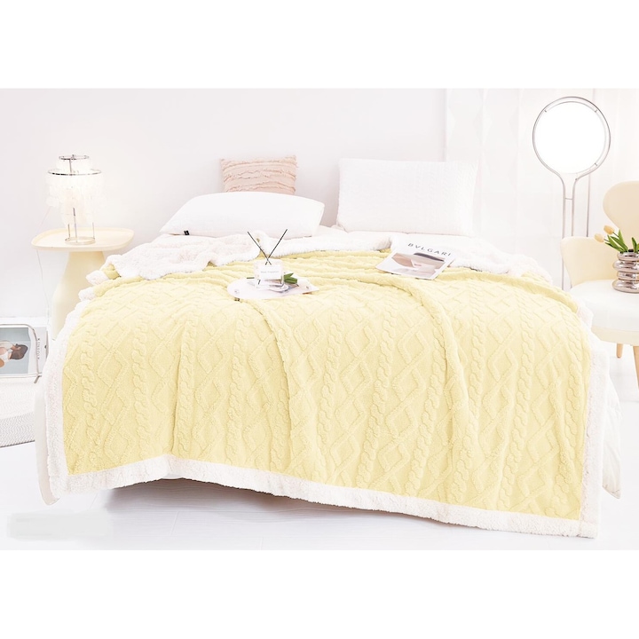 Patura dubla cocolino tip tricotaj, cu model in relief, blanita ecologica, 200X230 cm, 3 kg, Crem