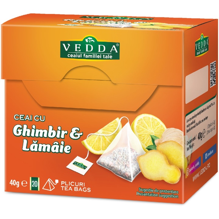 Ceai de Ghimbir si Lamaie, nemacinat, fara aditivi, fara coloranti, 20 plicuri piramida x 2g, Vedda