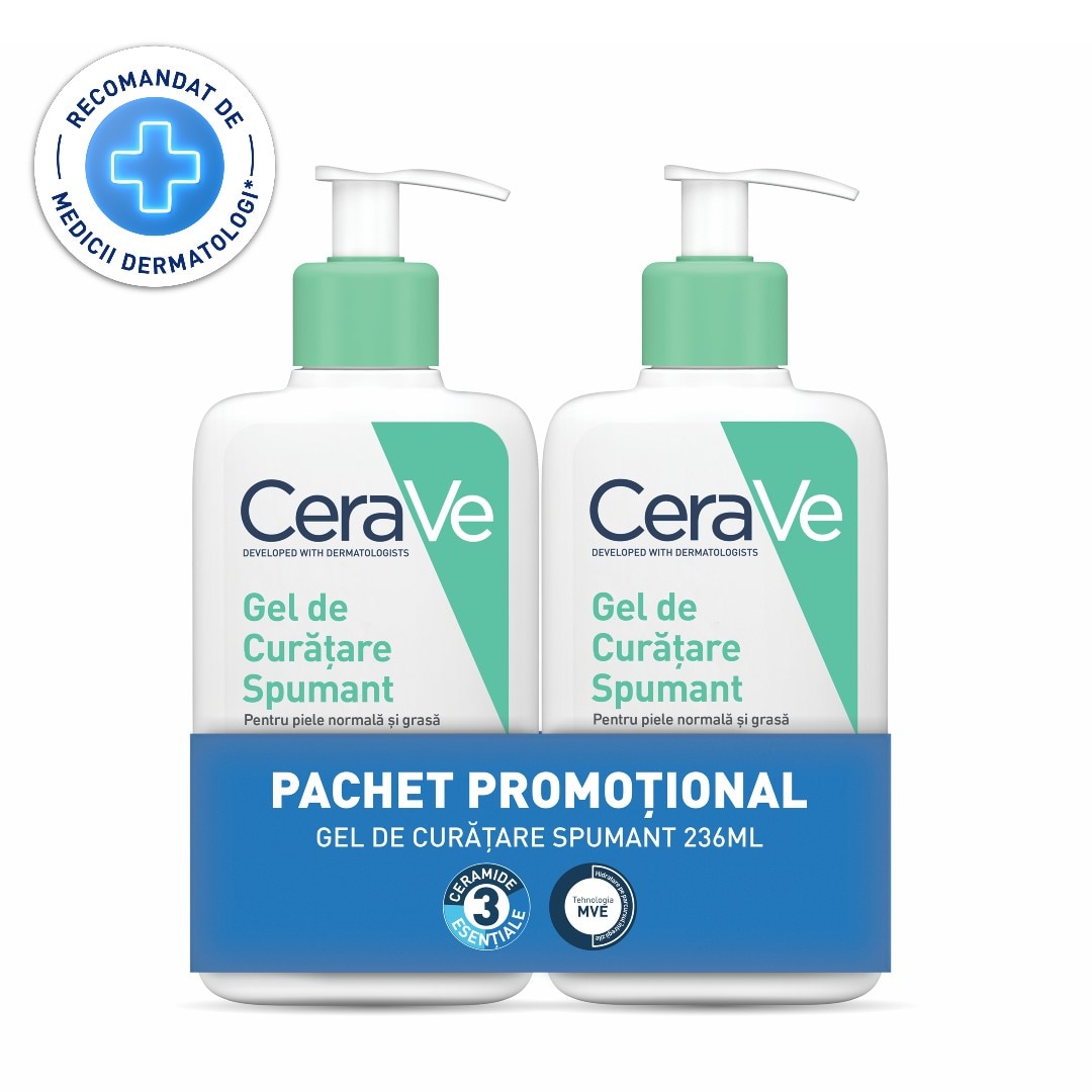 Pachet CeraVe: 2 x Gel de curatare spumant cu ceramide si niacinamida ...