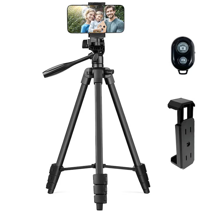 Trepied Telescopic 2 in 1 pentru Telefon, Yulinland, Camera Foto, GoPro, Telecomanda Bluetooth, Universal, Ajustabil, Ultraportabil, Varf Rotativ la 360°, Husa Impermeabila, Negru