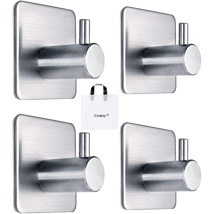 4 db fali akasztó készlet ragasztóval, rozsdamentes acél, ezüst, 4,5x4,5 cm