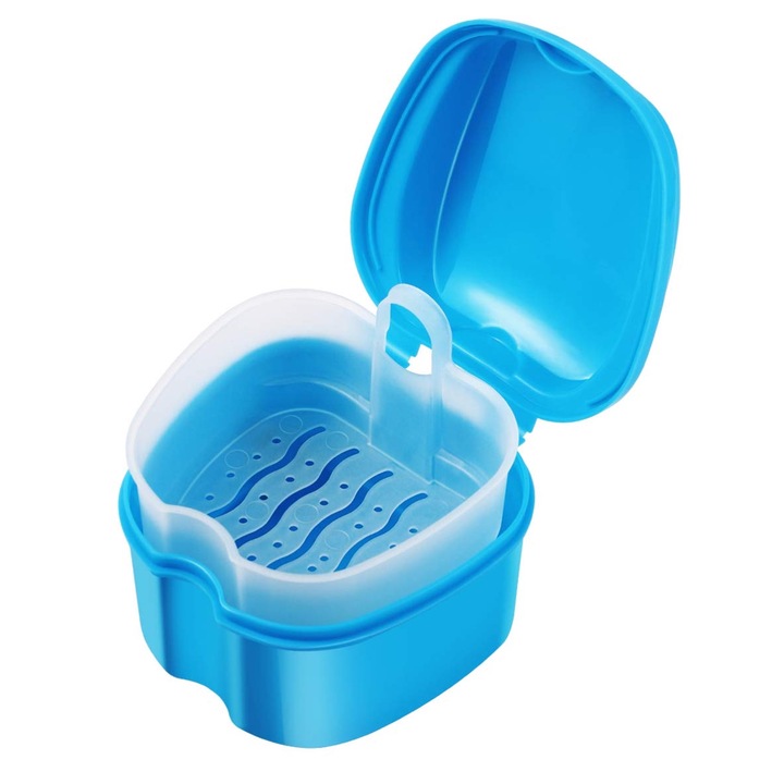 Cutie depozitare pentru proteza, Axroad Mall, Aparat dentar, Cu sita pentru depozitare curatare la inmuiere, Usor de utilizat si de curatat, Portabil, Design ergonomic, Pentru proteza, aparat dentar si aparate ortodontice, 9.5 x 9.5 x 5 cm, Albastru