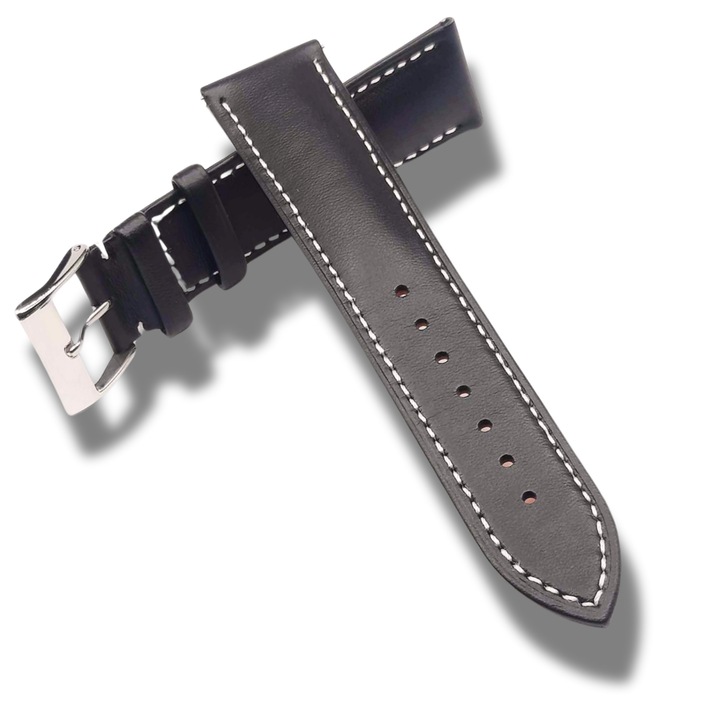 Curea Ceas Piele Naturala Culoare Neagra Fara Imprimeu 20 mm Cusatura Alba Catarama Clasica si Telescop Culoare Argintie