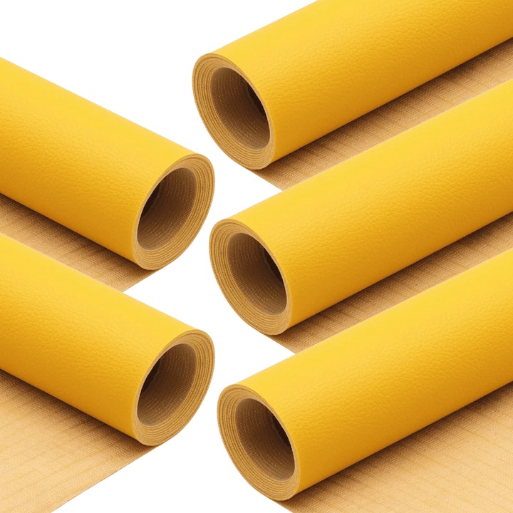 Set 5 Bucati de Folie din Piele Ecologica, Autoadeziva, pentru Reparatie Canapea, Fotolii, Scaune, Interior Autoturism, 50 x 138 cm, Galben - MaffStuff