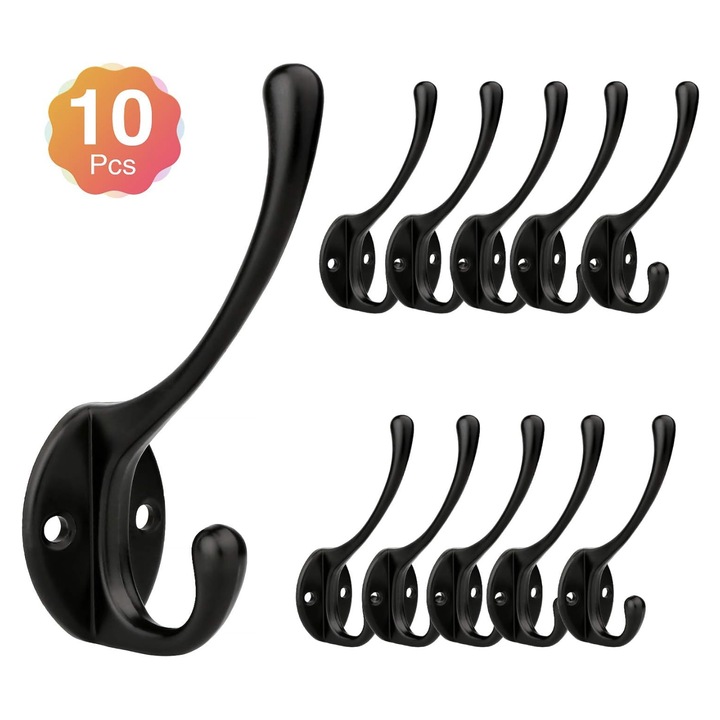 Set 10 Cuiere Montate pe perete, Negru, Otel Inoxidabil