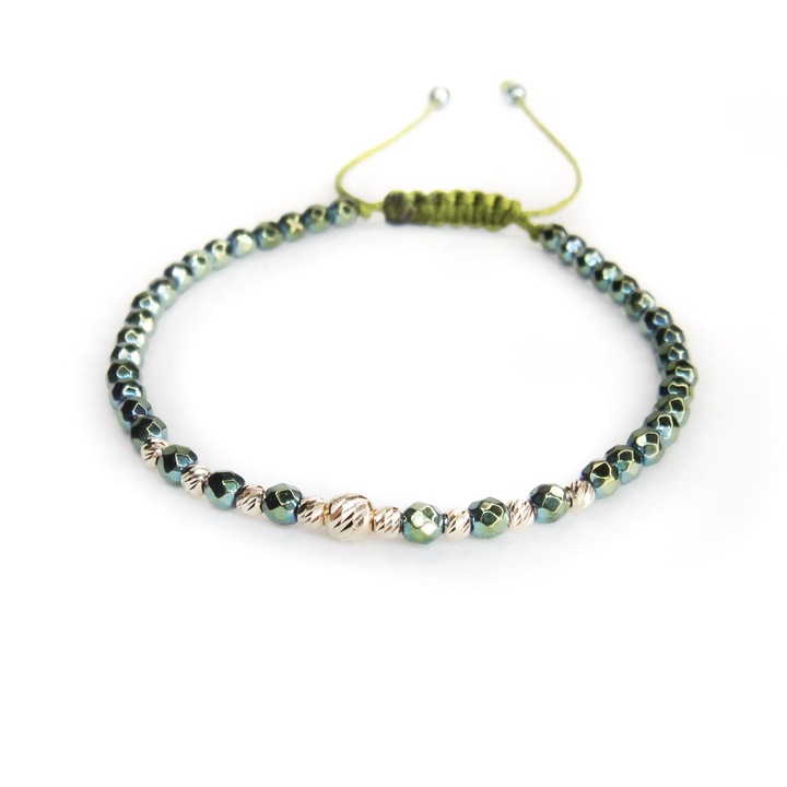 Bratara reglabila cu pietre hematit verde, 8 bile aur 14k de 2.5 mm si o bila aur de 4 mm