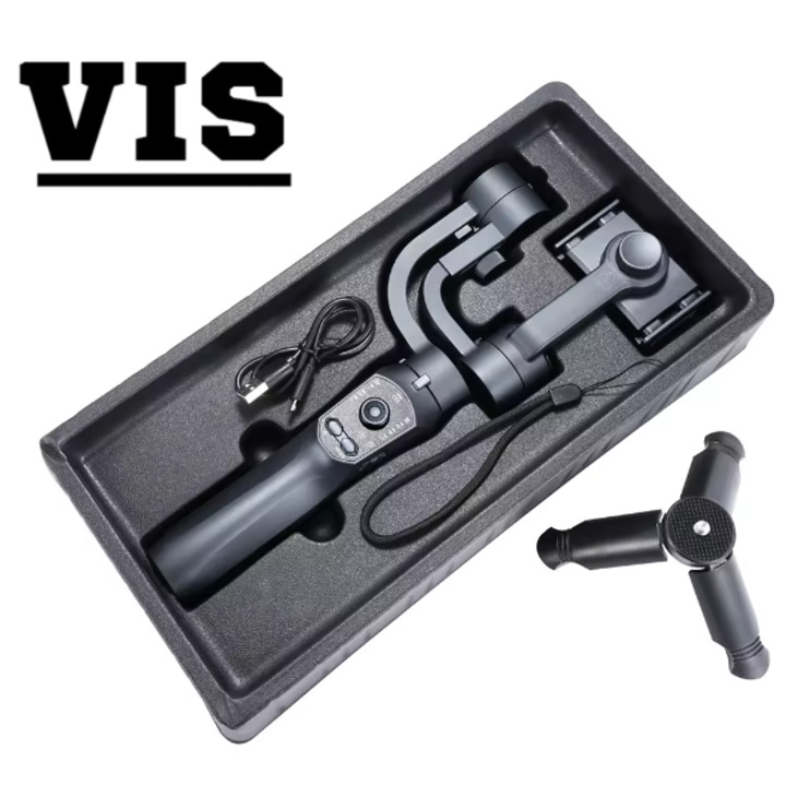 Stabilizator pentru telefon, Cu 3 axe VIS®, Trepied inclus, Aplicatie dedicata IOS si Android, Control ZOOM, Urmarire a fetei, Foto panoramica, Anti-tremurare, Rotatie 360, Autonomie 12h, Incarcare USB, Negru