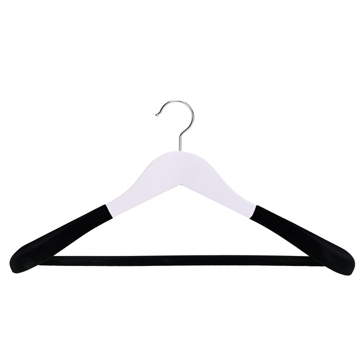 Umeras Antialunecare din Lemn Bold Guard UnicUtil®, 45 x 5.5 x 22.5 cm, Cu Carlig Metalic Rotativ si Bara Inferioara Pentru Pantaloni, Design Ergonomic si Finisaj Alb Elegant, Ideal Pentru Organizarea Hainelelor Grea In Dulapuri sau Magazine