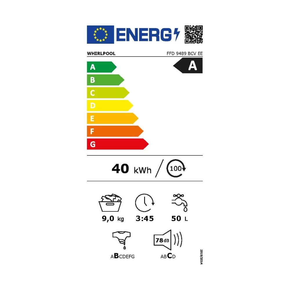 Masina de Spalat Rufe Frontala WHIRLPOOL FFD 9489 BCV EE, Steam, 6th Sense, 9 kg, 1400rpm, Clasa A, Alb