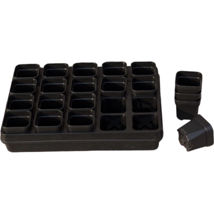 Комплект от 20 саксии RUIOMII, 5 см квадратни саксии, тава за засаждане, поставка за саксии, 29,5x21,8x3,5 см, черни