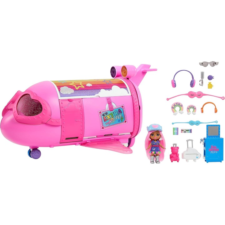 Set de joaca Barbie - Extra Fly, Avion cu 15 accesorii si papusa Barbie Extra Mini