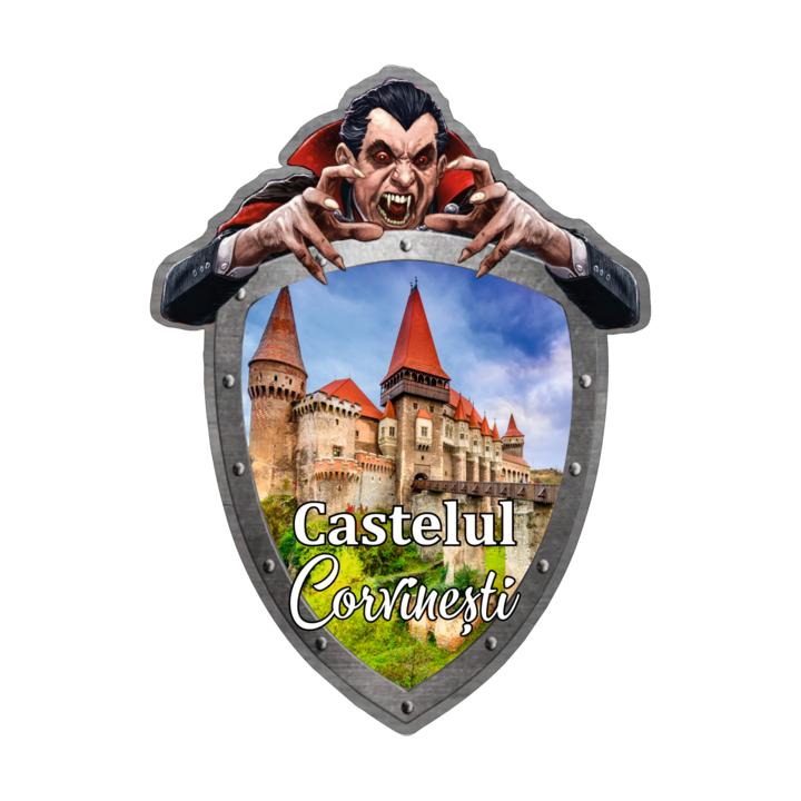 Magnet suvenir gift shop personalizat cu mesaj, corvinesti dracula, model 134, din lemn