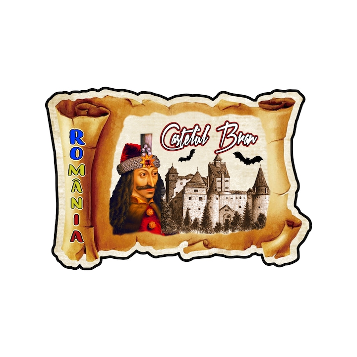 Magnet suvenir gift shop personalizat cu mesaj, castelul bran vlad tepes, model 143, din lemn
