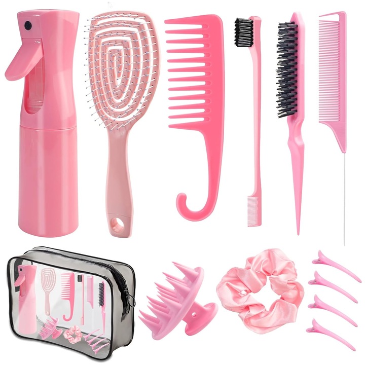 Set de perii de par DUAIU, 12 piese perii si piepteni pentru femei, perie unghiulara ventilata, perie cu spate fin, pieptene cu dinti lati, sticla cu pulverizator, instrumente de coafat parul, roz