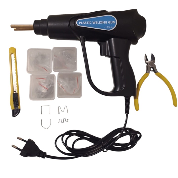 Pistol de lipit si sudat plastic, cu 200 capse metal 4 recipiente de depozitare cutter si cleste putere 70W, negru