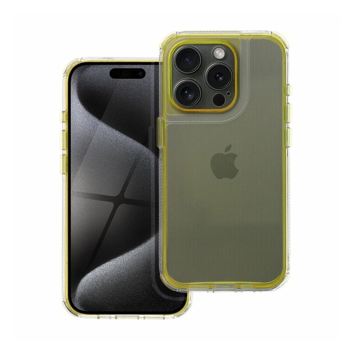 Калъф Optim Solution ArrayEX за Apple iPhone 16 Pro, структура против кондензация, поликарбонат + гъвкав TPU, Optim Core Protection Tech, AntiShock, ясен ярък цветен дизайн, няколко слоя за допълнителна защита, прозрачен/жълт