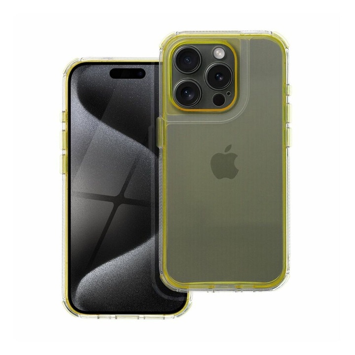 Husa ArrayEX Lucid pentru Apple iPhone 16 Pro, OPTIM SOLUTION, AntiShock, Clear Vivid Colour Design, Straturi Multiple pentru Protectie Extra, Clear/Galben