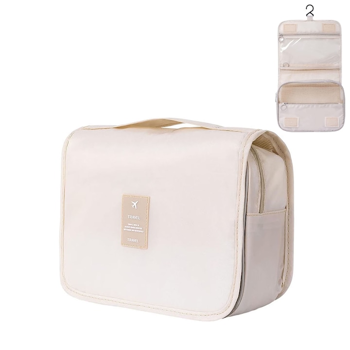 Висяща пътна чанта за тоалетни принадлежности, преносима чанта за баня с кука за душ, преносима козметична чанта, разделяне на мокро и сухо, чанта за съхранение за мъже и жени, 3 отделения, водоустойчива, сгъваема, почти бяла