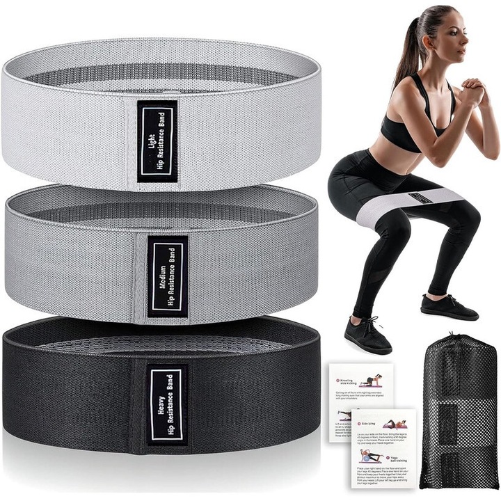 3 db gumiszalag készlet, 3 ellenállási szint, fekete/szürke, tárolótáska mellékelve, csípőszár fenékpánt otthoni fitneszhez, edzőterem, jóga, pilates