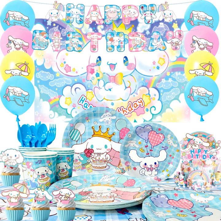 108pcs Set Decoratiuni Aniversara Cinnamon Dog, InBoxxarty, Vesela Petrecere Cinnamon Dog- Fata de Masa, Decorarea Tort, Banner, Balon, Farfurii etc Accesorii Petrecere Cinnamon Dog