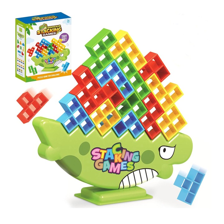 64 részes asztali toronyépítő játékkészlet, dinoszauruszos, 22 játékkártya, építés és egyensúlyozás, 1-4 játékos számára, színes