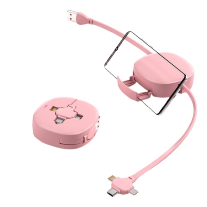 OEM 3 az 1-ben telefon adatkábel, 100 W, visszahúzható, integrált támogatás, rózsaszín, 1,1 m