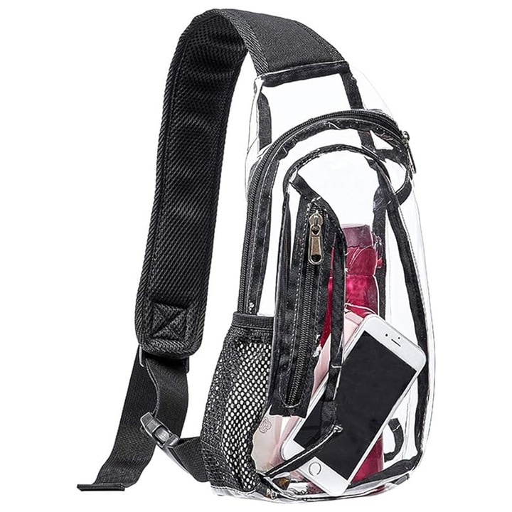 Átlátszó sling táska, stadionban engedélyezett átlátszó táska, átlátszó hátizsák túrázáshoz, stadionba vagy koncertekre Átlátszó válltáska, mellkasi napitáska.