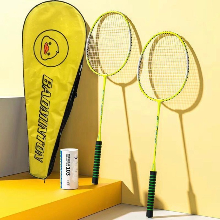 Комплект ракети за бадминтон, 2 части, 3 топки, жълти, 20x65.5см