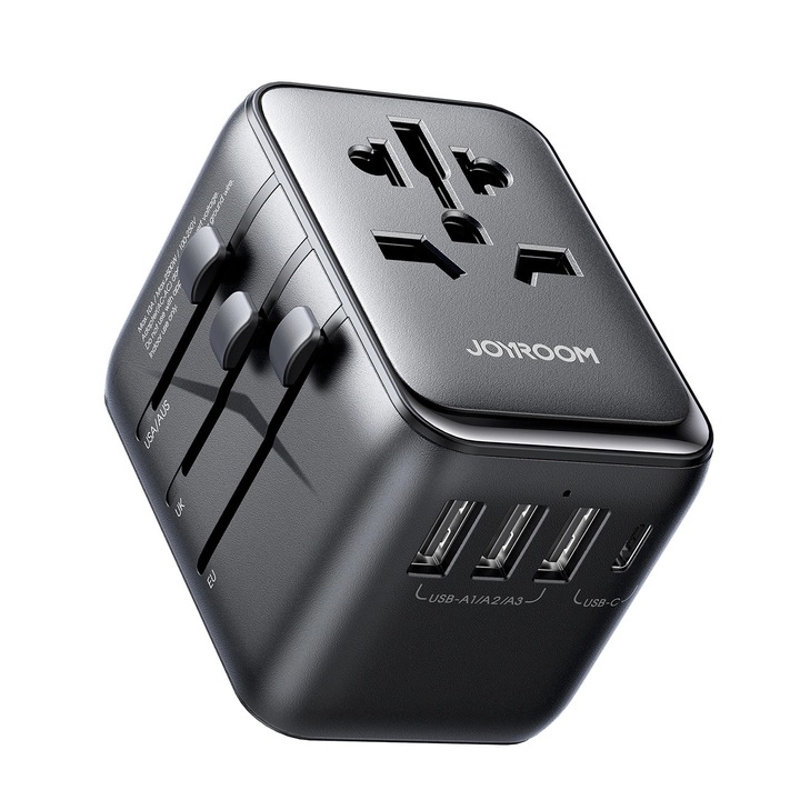 Adaptor de calatorie Joyroom JR-TCW01, 17W, 3xUSB-A, 1xUSB-C, negru, dimensiuni 72,5x50x53,7mm