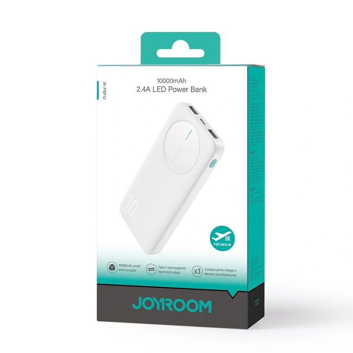 Joyroom JR-PBF12 Powerbank USB-A + Type-C / 10000mAh 12W - Fehér (JR-PBF12)