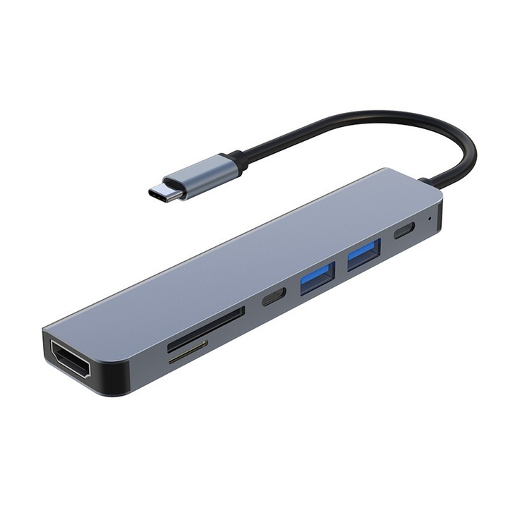 USB хъб 7 в 1, 4K 30Hz, четец на карти, метален, Type-C