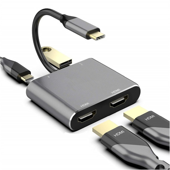 Adaptor HDMI 4 in 1, USB-C la Dual HDMI/USB 3.0/PD, suport 4K HD, design portabil