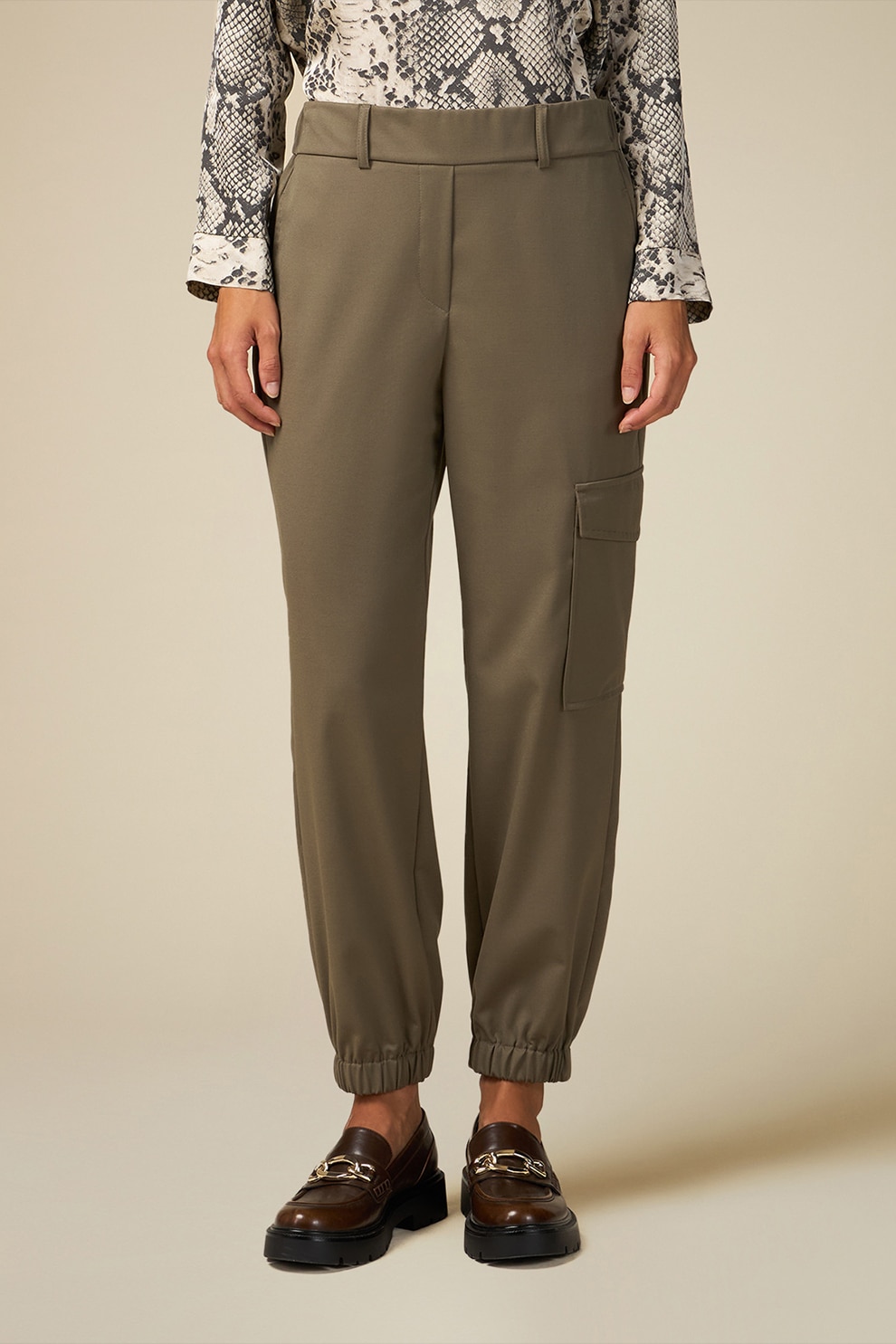 Oltre, Pantaloni cargo crop din amestec de lana, Kaki, L