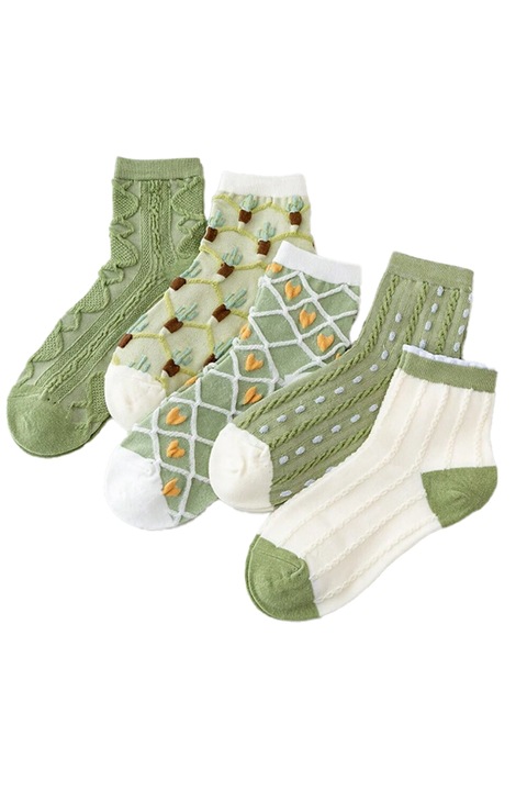 Sosete dama, set 5 perechi, model cu cactusi si inimioare, tematica I love spring, marimea 36 – 42, verde, EFAYN