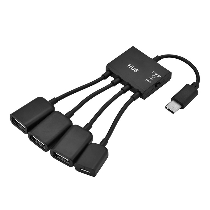 Hub USB 4 in 1 Enforose, 3 porturi USB 2.0, suport OTG, negru