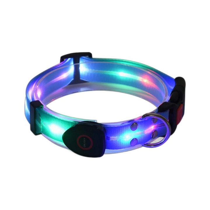 Zgarda LED Caine, Reglabila, Reincarcabila USB, Luminoasa si Impermeabila, pentru Siguranta Animalelor de Companie pe Timp de Noapte, 3 Moduri de Iluminare, Potrivita pentru Plimbari si Activitati Outdoor, albastru