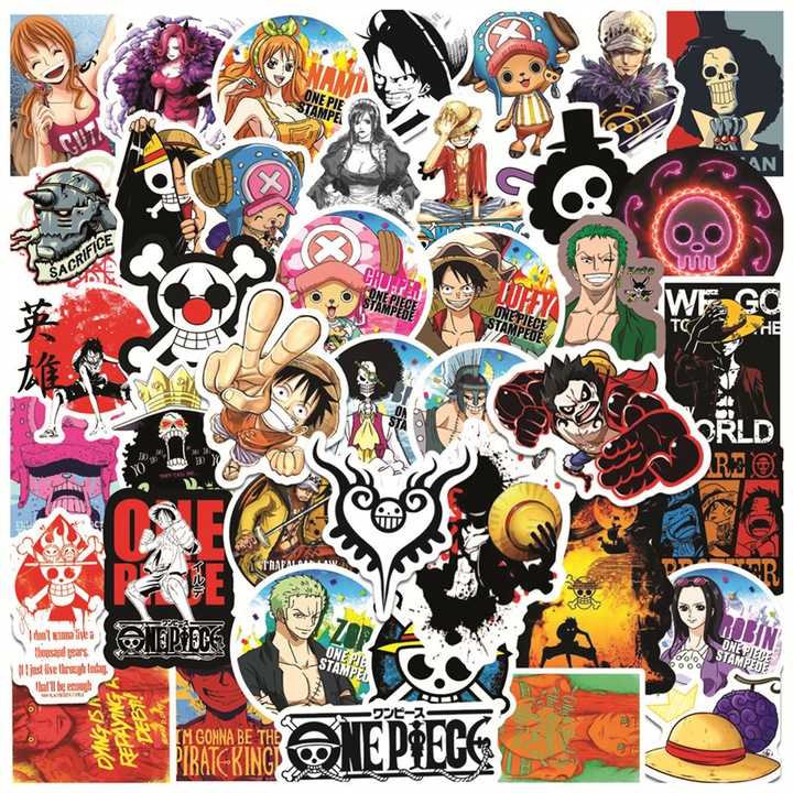 Set de 50 stickere One Piece decorative vinil, abstract, waterproof, pentru laptop, 5cm