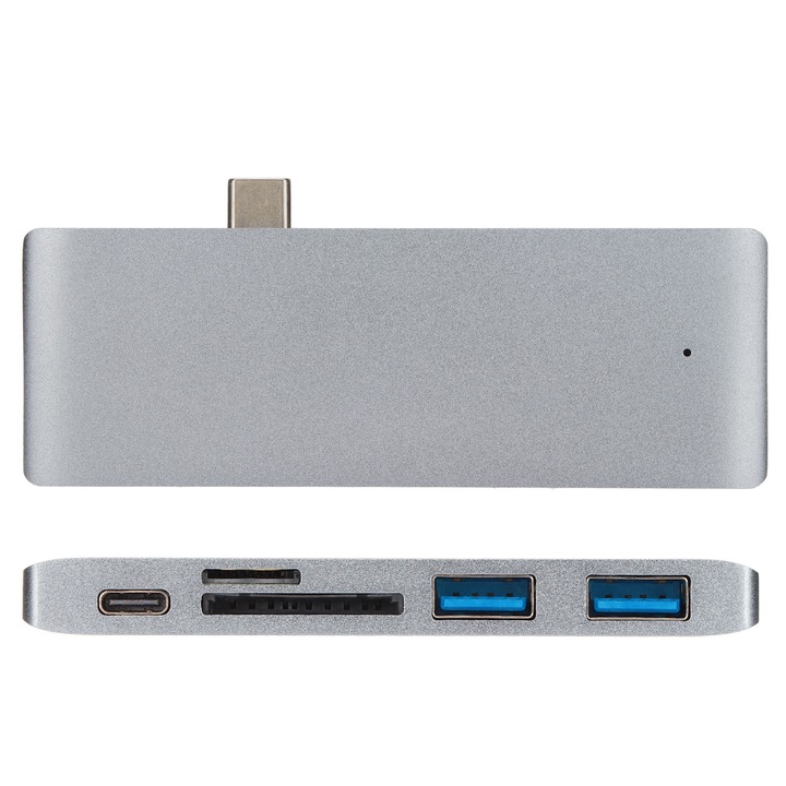 Jormftte USB C Hub 5 az 1-ben, 2x USB 3.0, 1x TF, 1x SD, 1x Type-C, szürke